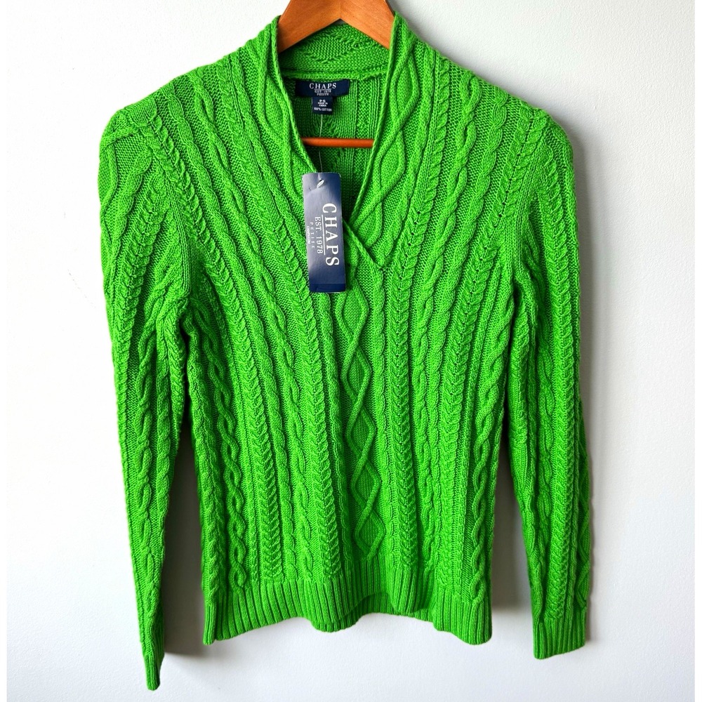 Chaps Women's Green Cable Knit V-Neck Cotton Heavyweight Pullover Sweater PS